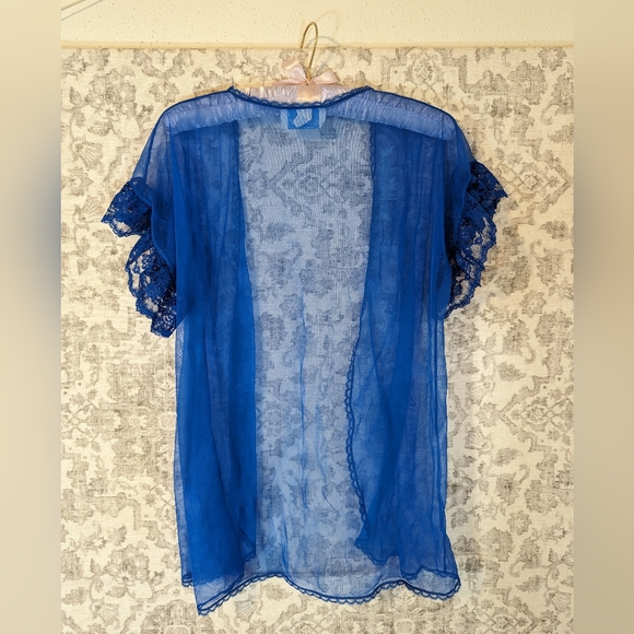 Stardust Vintage Royal Blue Sheer Lace & Tulle Nightgown cover up Short robe Lg - Picture 5 of 8